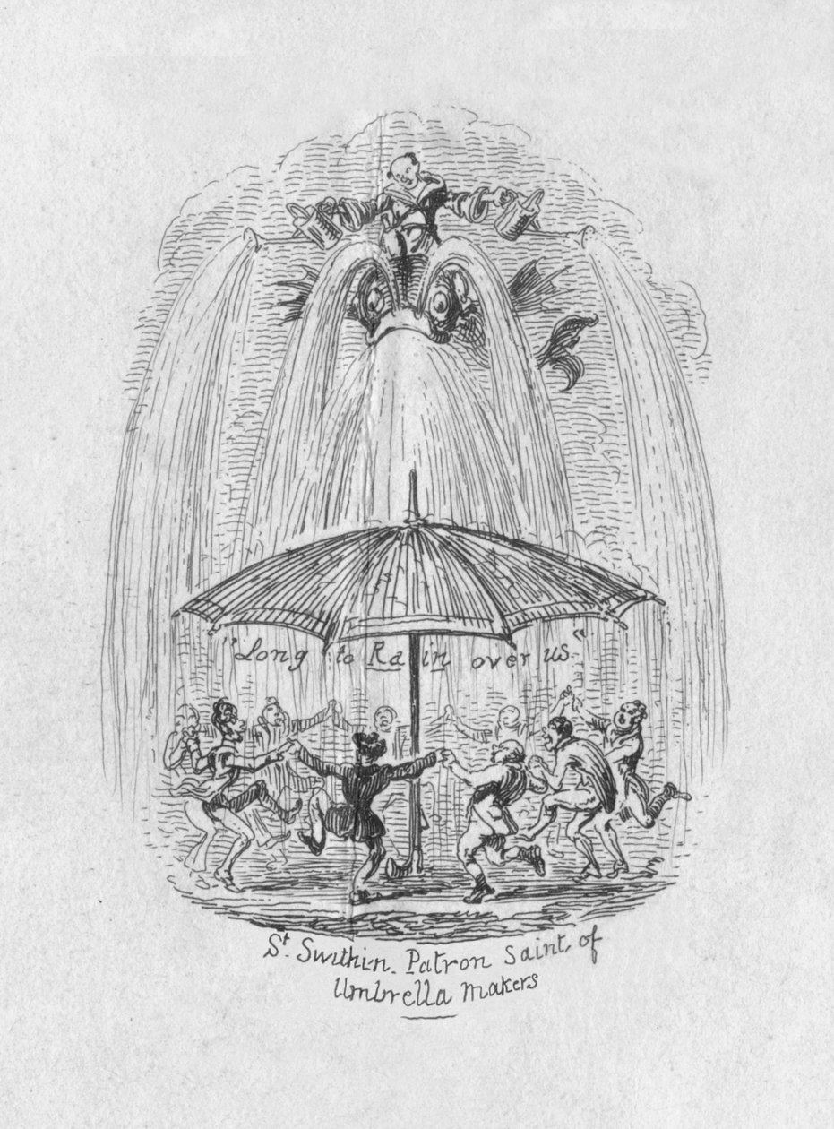 Santo padroeiro de St. Swithin dos fabricantes de guarda-chuva, 1829 de George Cruikshank