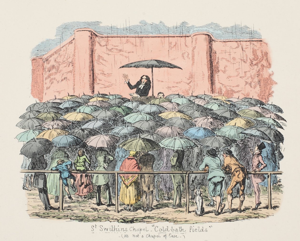 Capela do St Swithuns Campos do banho frio, bar. 1833 (gravura colorida à mão) de George Cruikshank