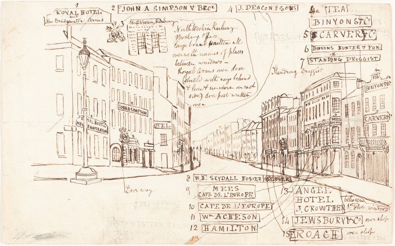 Perspectiva de rua com locais de negócios rotulados de George Cruikshank