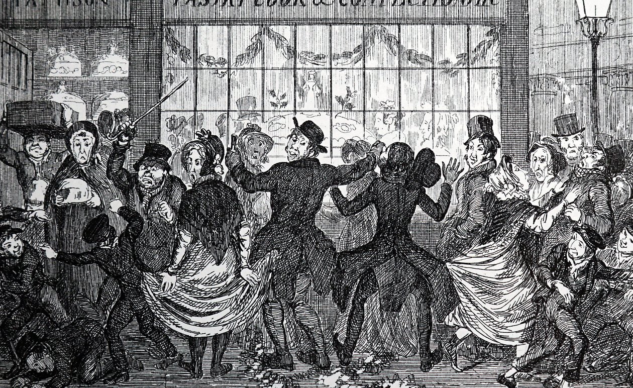 Ouriços de rua causando estragos na multidão do lado de fora de uma confeitaria e pastelaria na Décima Segunda Noite de George Cruikshank