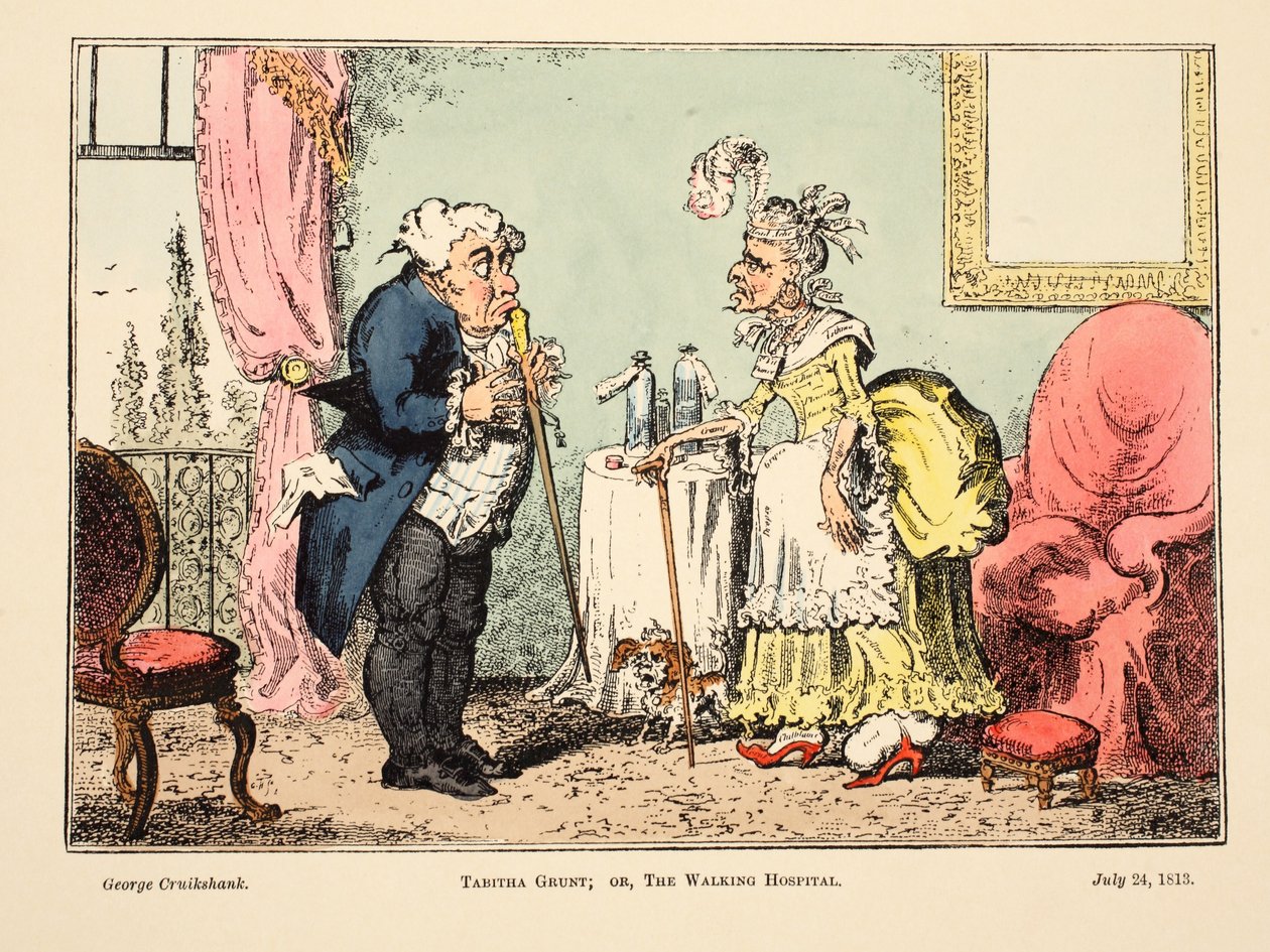 Tabitha Grunt; ou, The Walking Hospital, pub. 1813 (gravura colorida à mão) de George Cruikshank