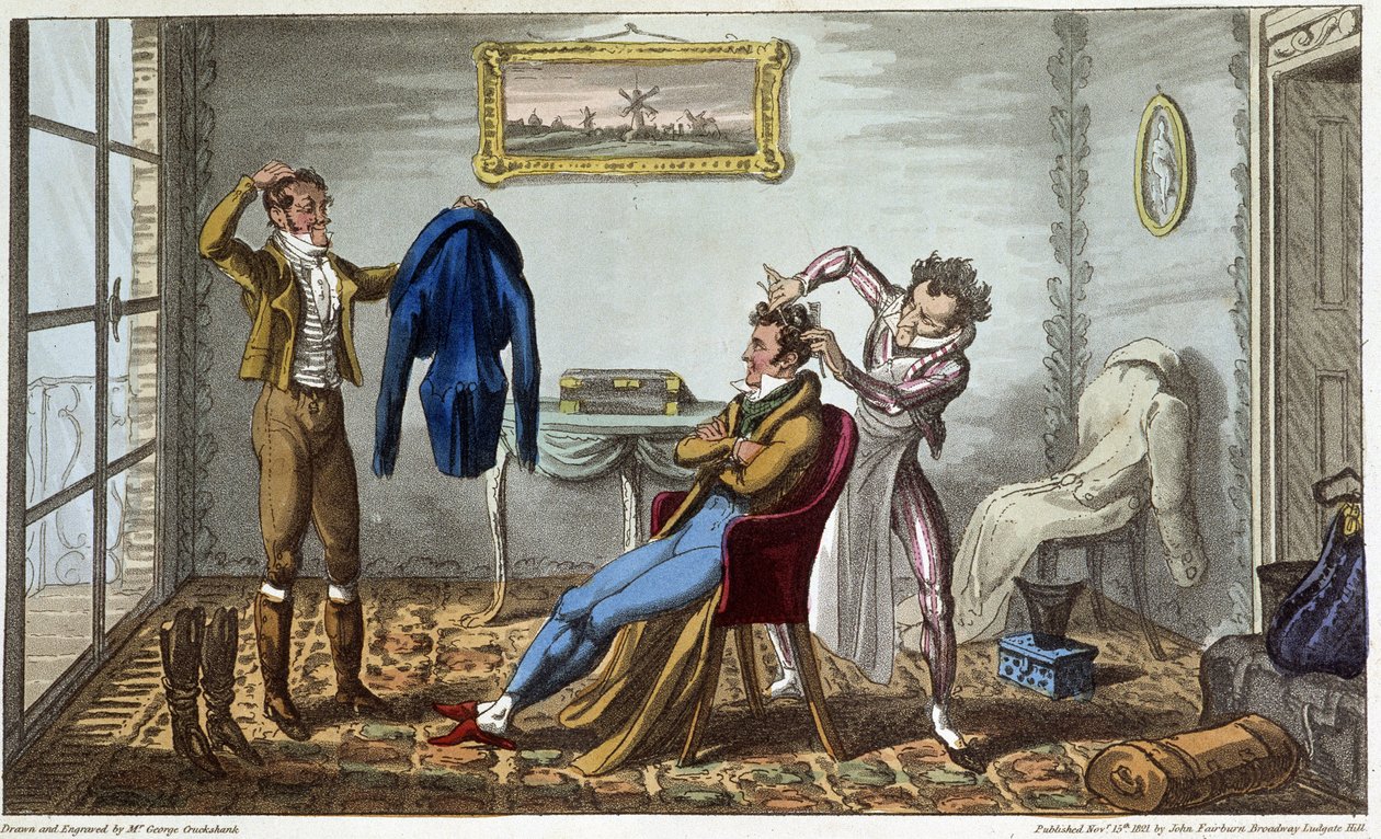 Tailleur et coiffeur à domicile - em "Life in Paris" de David Carey, doente. de George Cruikshank, ed. Fairburn, Londres de George Cruikshank