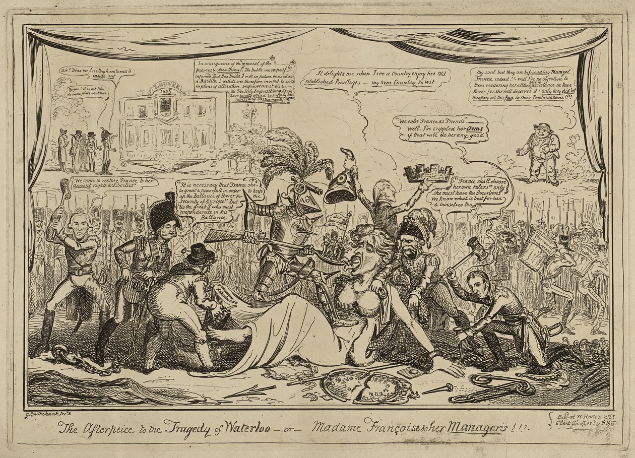 The Afterpiece (sic) to the Tragedy of Waterloo ou Madame Francois and her Managers!!!, publicado a 9 de Novembro de George Cruikshank