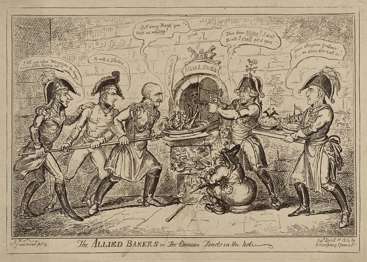 The Allied Bakers ou The Corsican Toad in the Hole, publicado em 1 de abril de George Cruikshank