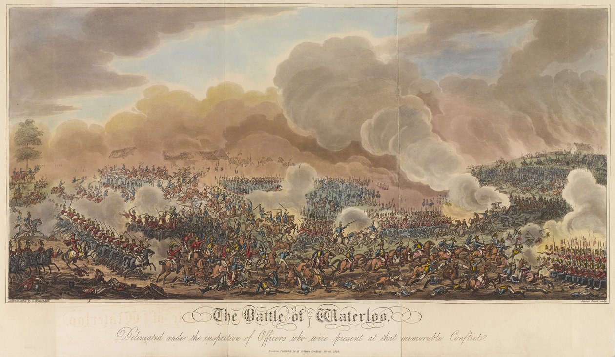 A Batalha de Waterloo, de "Um Relato Histórico da Batalha de Waterloo", 1817 (colorido aquatint) de George Cruikshank