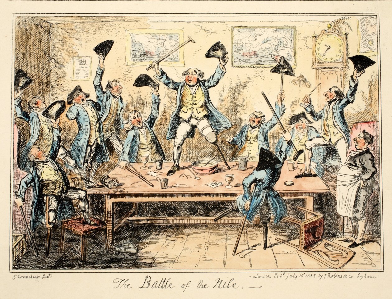 A Batalha do Nilo, do Hospital de Greenwich, uma série de esboços navais, descritiva de uma vida de um homem de guerras, pub. 1826 (gravura colorida à mão) de George Cruikshank
