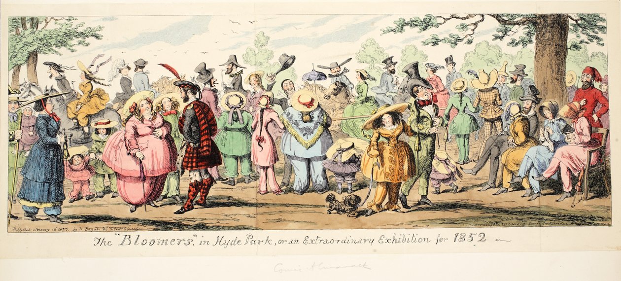 O Bloomers em Hyde Park ou uma exposição extraordinária para 1852, pub. 1852 (gravura colorida à mão) de George Cruikshank