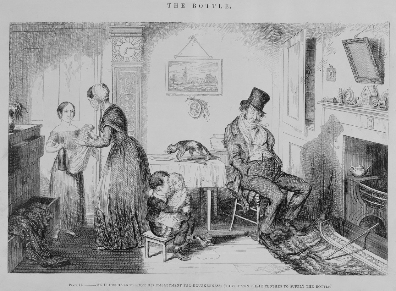 A garrafa, placa II, ele é dispensado de seu emprego por embriaguez: eles penhoram suas roupas para fornecer a garrafa, 1847 de George Cruikshank