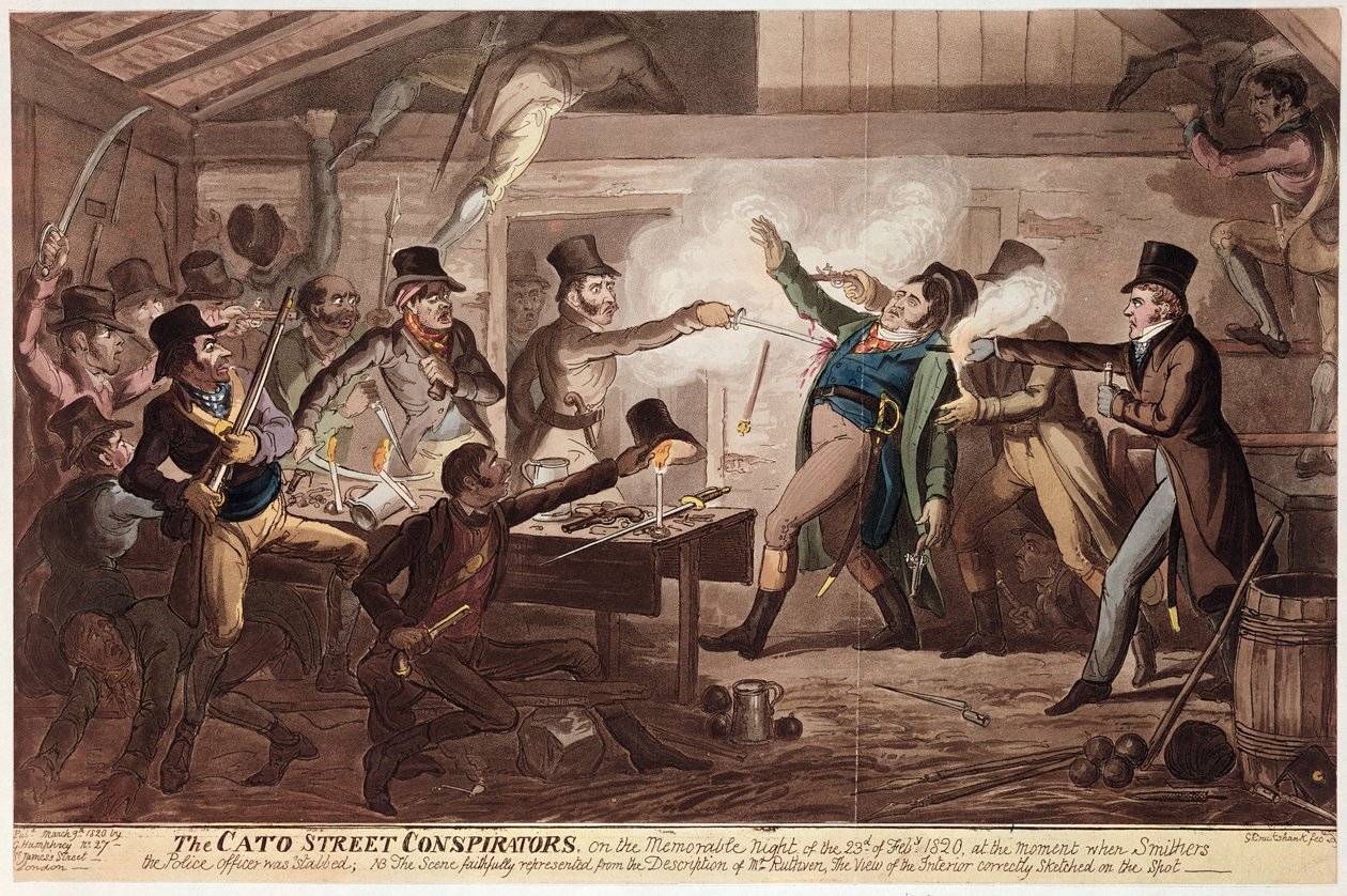 The Cato Street Conspirators, pub. por G. Humphrey, 9 de março de 1820 (litografia colorida) de George Cruikshank