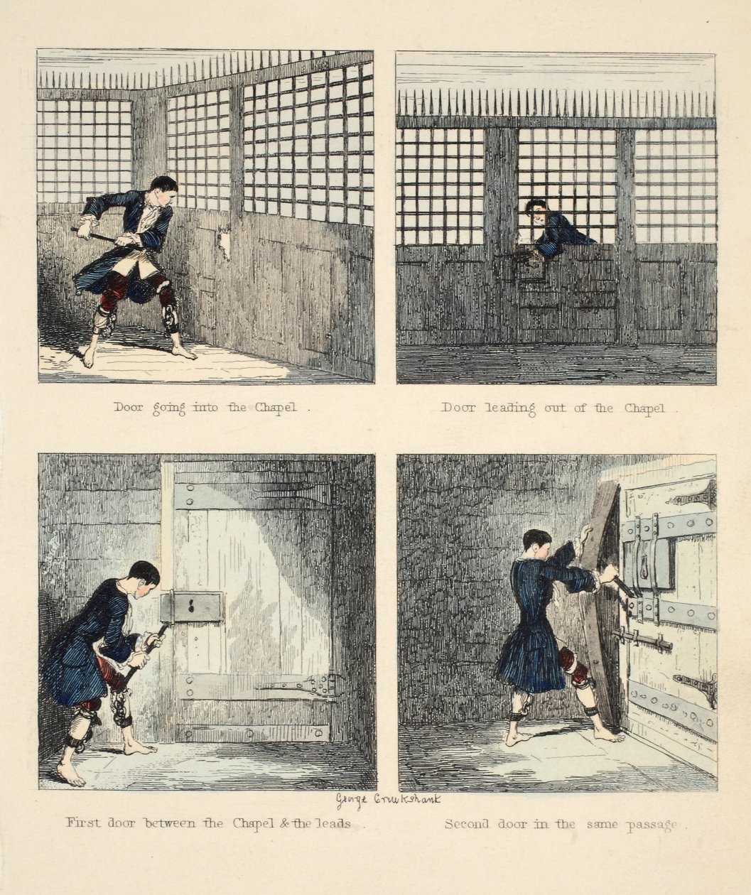 The Escape No. 2, ilustração de Jack Sheppard: Um Romance de William Harrison Ainsworth, pub. 1839 (gravura colorida à mão) de George Cruikshank