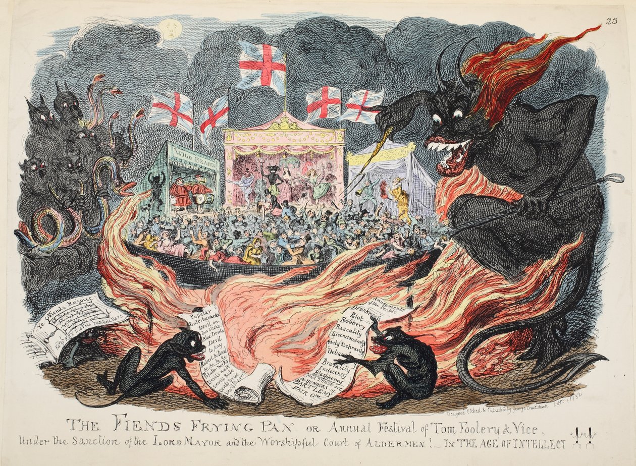A frigideira Fiends ou Festival Anual de Tom Foolery & Vice, pub. 1832 (gravura colorida à mão) de George Cruikshank