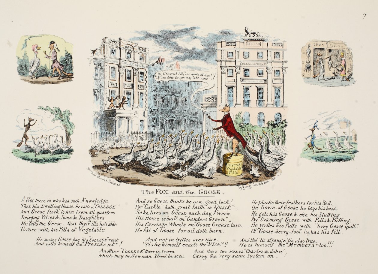 A raposa e o ganso, pub. 1833 (gravura colorida à mão) de George Cruikshank
