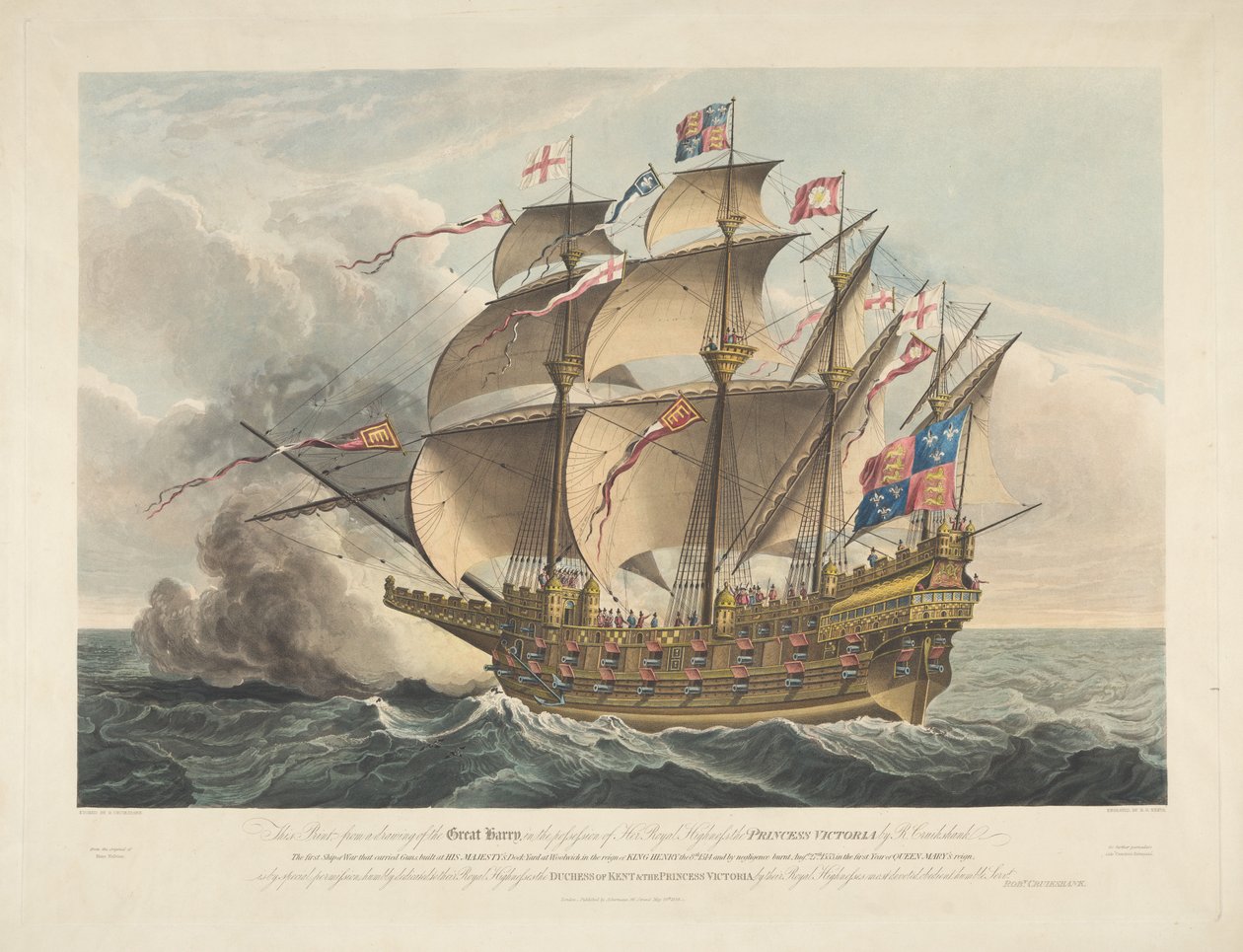 O Great Harry. O primeiro navio de guerra que transportava canhões de George Cruikshank