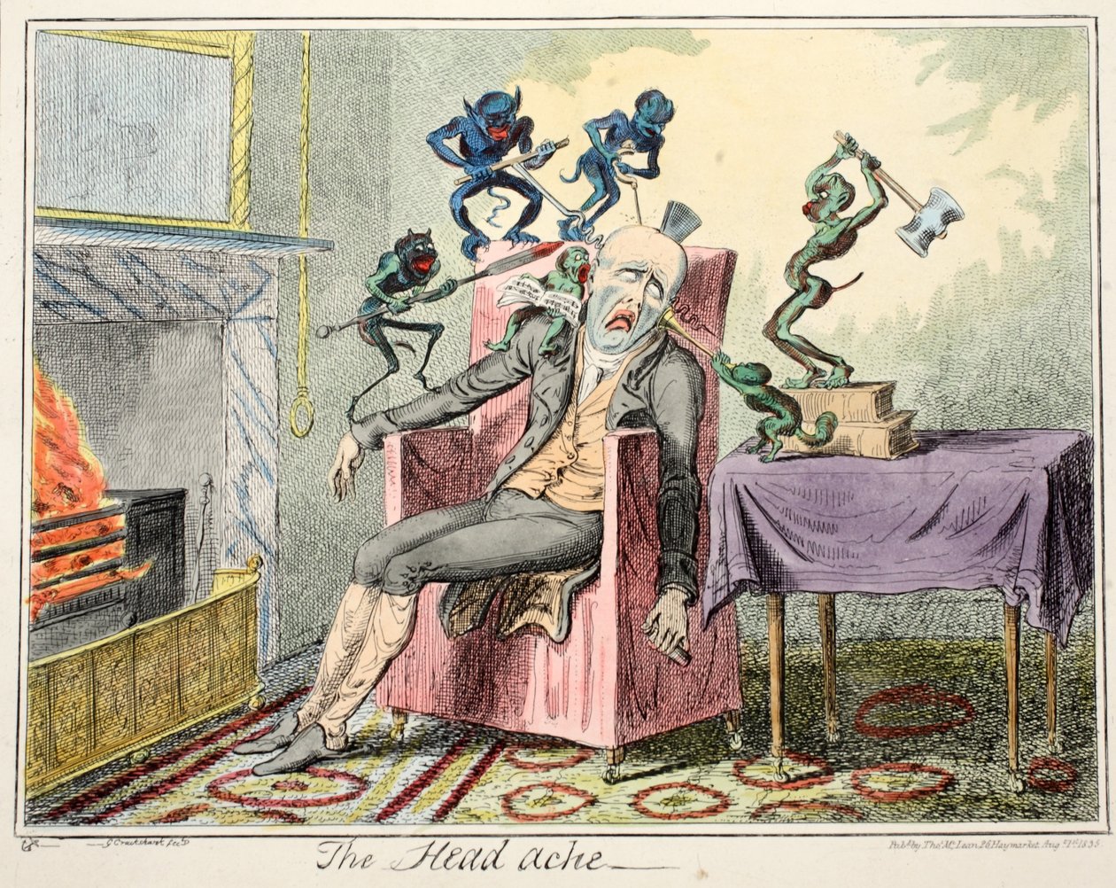 A dor da cabeça, pub. 1835 (gravura colorida à mão) de George Cruikshank