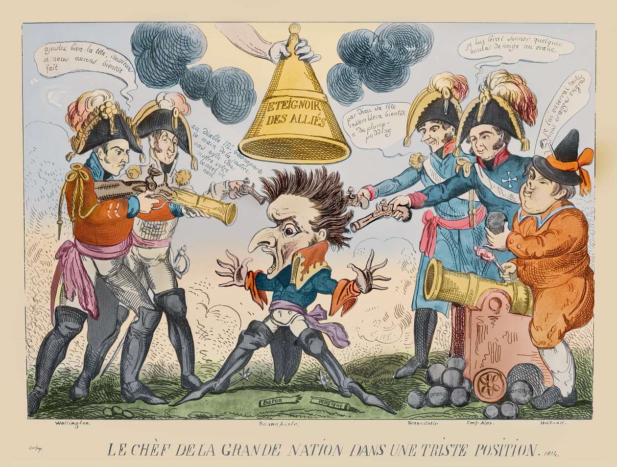 A Cabeça da Grande Nação em Situação Queer, 1813 (gravura colorida à mão) de George Cruikshank