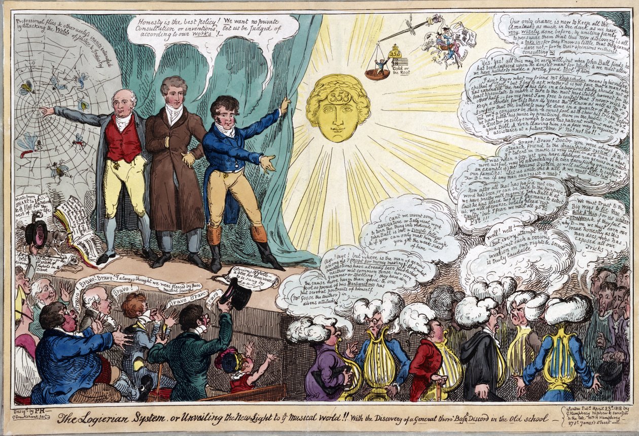 O sistema Logierian, ou desvendando a nova luz para o mundo musical !! Com a descoberta de uma discórdia de baixo de base de thoro geral na velha escola - pub. 1818 (gravura colorida à mão) de George Cruikshank