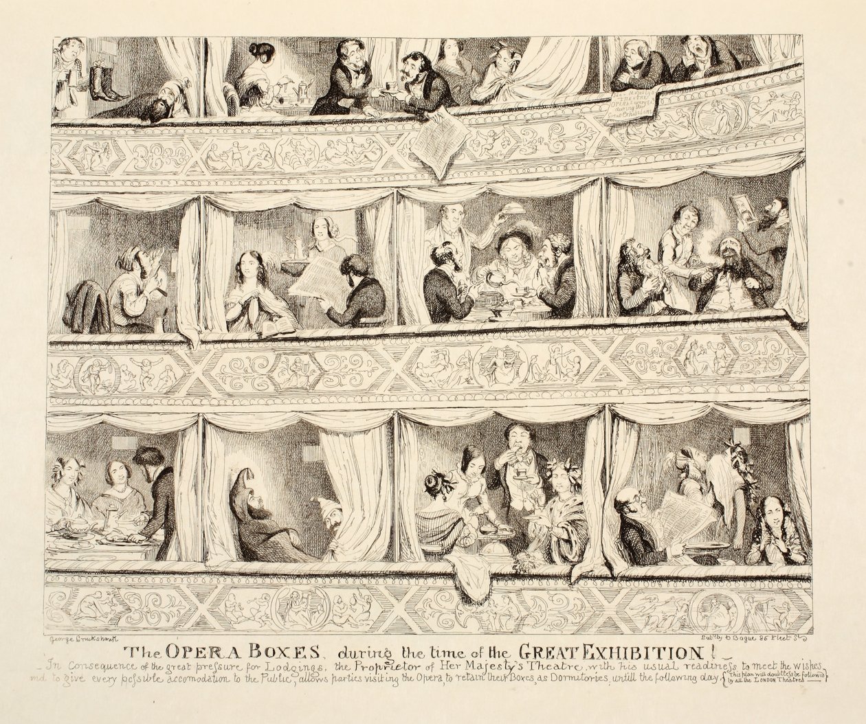 The Opera Boxes durante o tempo da Grande Exposição, pub. 1851 de George Cruikshank