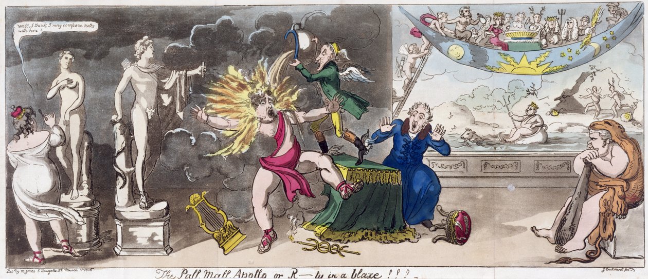 O Pall Mall Apollo ou, R...ty em chamas!!! 1816 (gravura colorida) de George Cruikshank