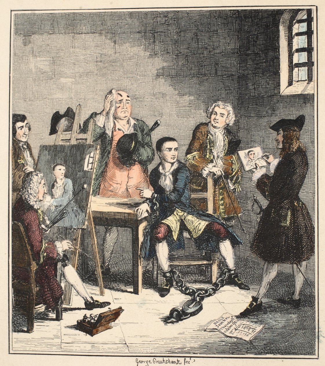 O retrato, ilustração de Jack Sheppard: um romance por William Harrison Ainsworth, publicado em 1839 (gravura colorida à mão) de George Cruikshank