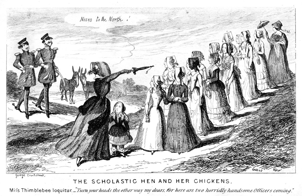 A galinha escolástica e suas galinhas, século XIX. de George Cruikshank