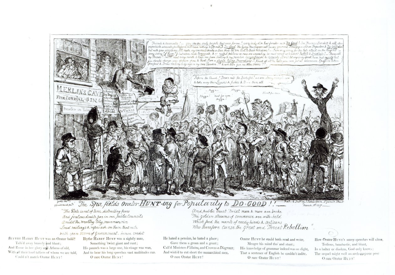 O Spa Fields Orator Hunt-ing para a popularidade de fazer-bom !!, pub. por J. Sidebotham, 1817 de George Cruikshank