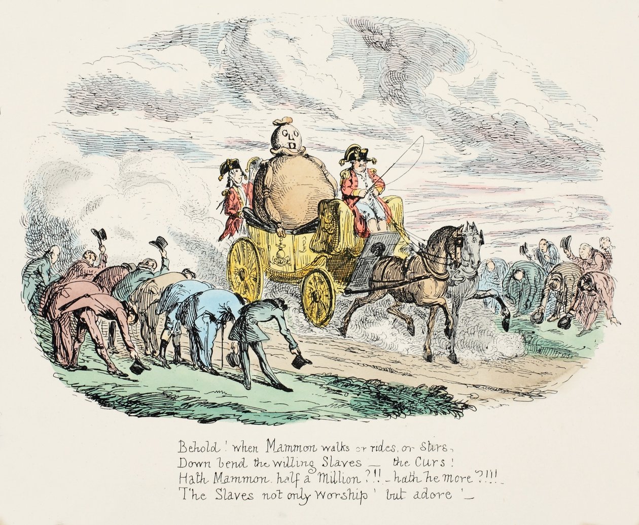 O Culto da Riqueza, pub. 1834 (gravura colorida à mão) de George Cruikshank