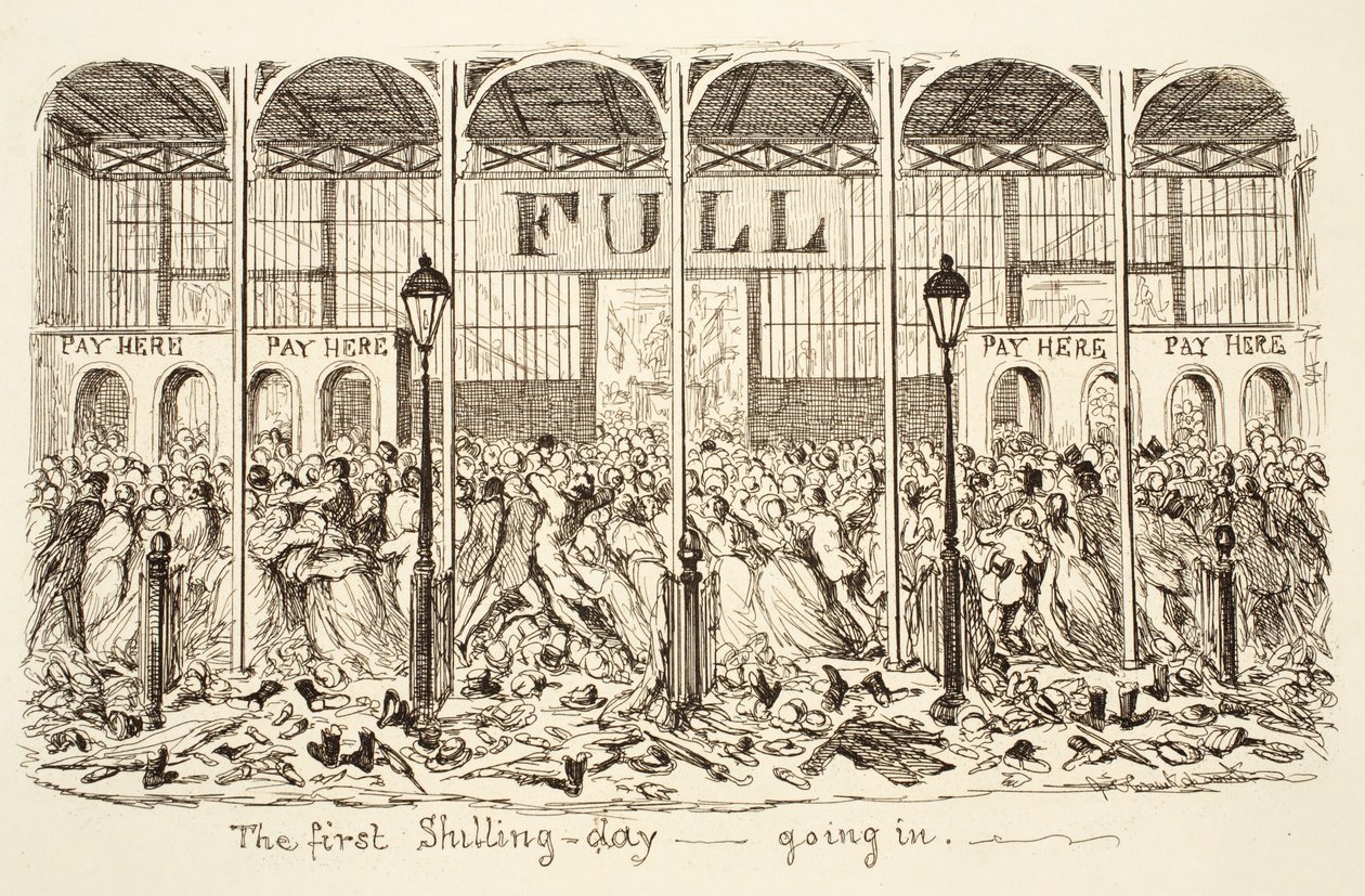 O primeiro Shilling-day - A entrar, pub. 1851 (gravura) de George Cruikshank