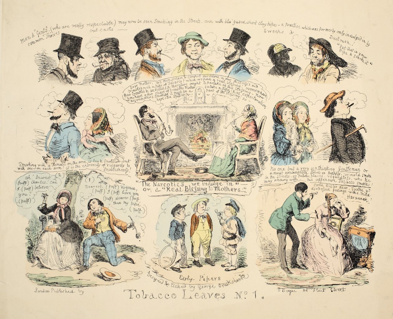 Folhas de tabaco n º 1, pub. 1851 (gravura colorida à mão) de George Cruikshank
