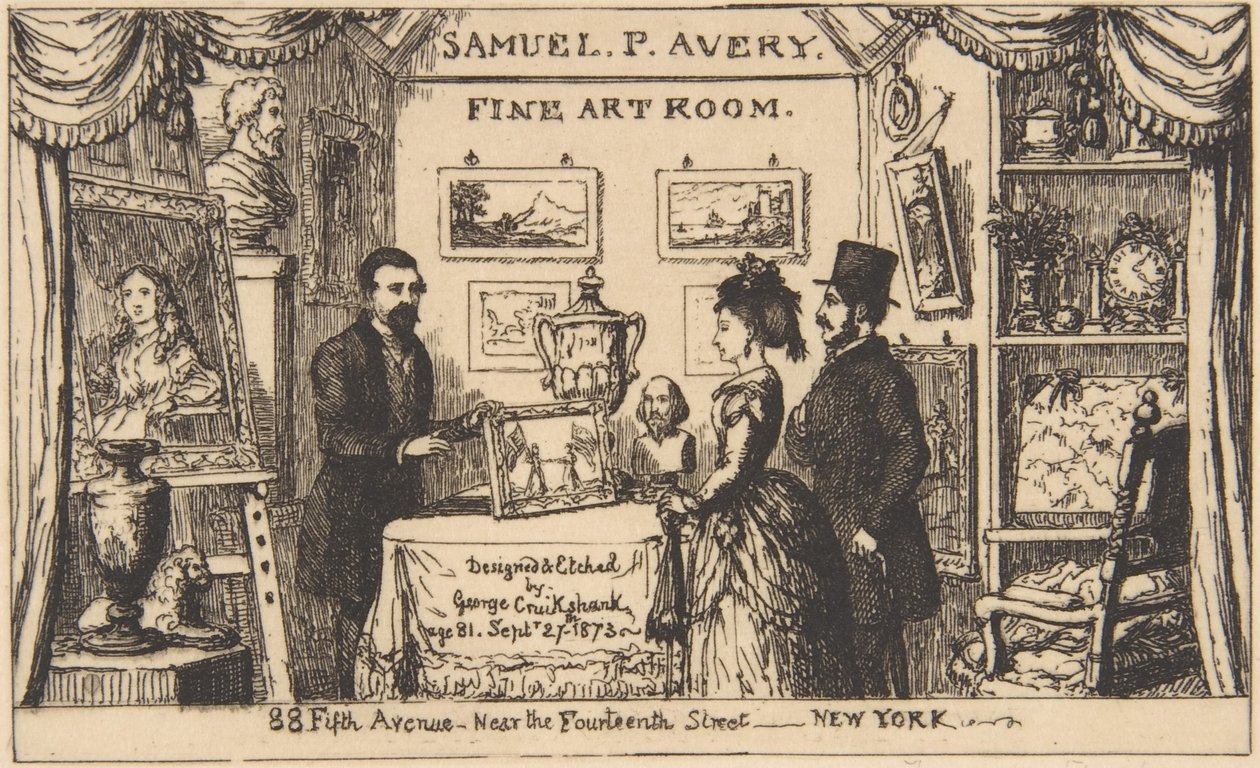 Cartão publicitário para Samuel P. Avery - Sala de belas-artes de George Cruikshank