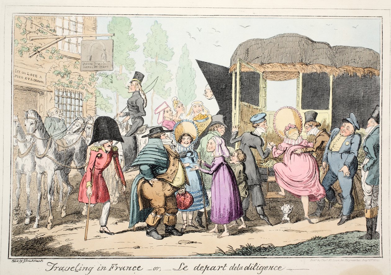 Viajar na França ou no Le Depart de la Diligence, pub. 1835 (gravura colorida à mão) de George Cruikshank
