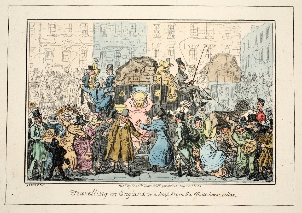 Viajando na Inglaterra - ou um Peep da White Horse Cellar, pub. 1835 (gravura colorida à mão) de George Cruikshank