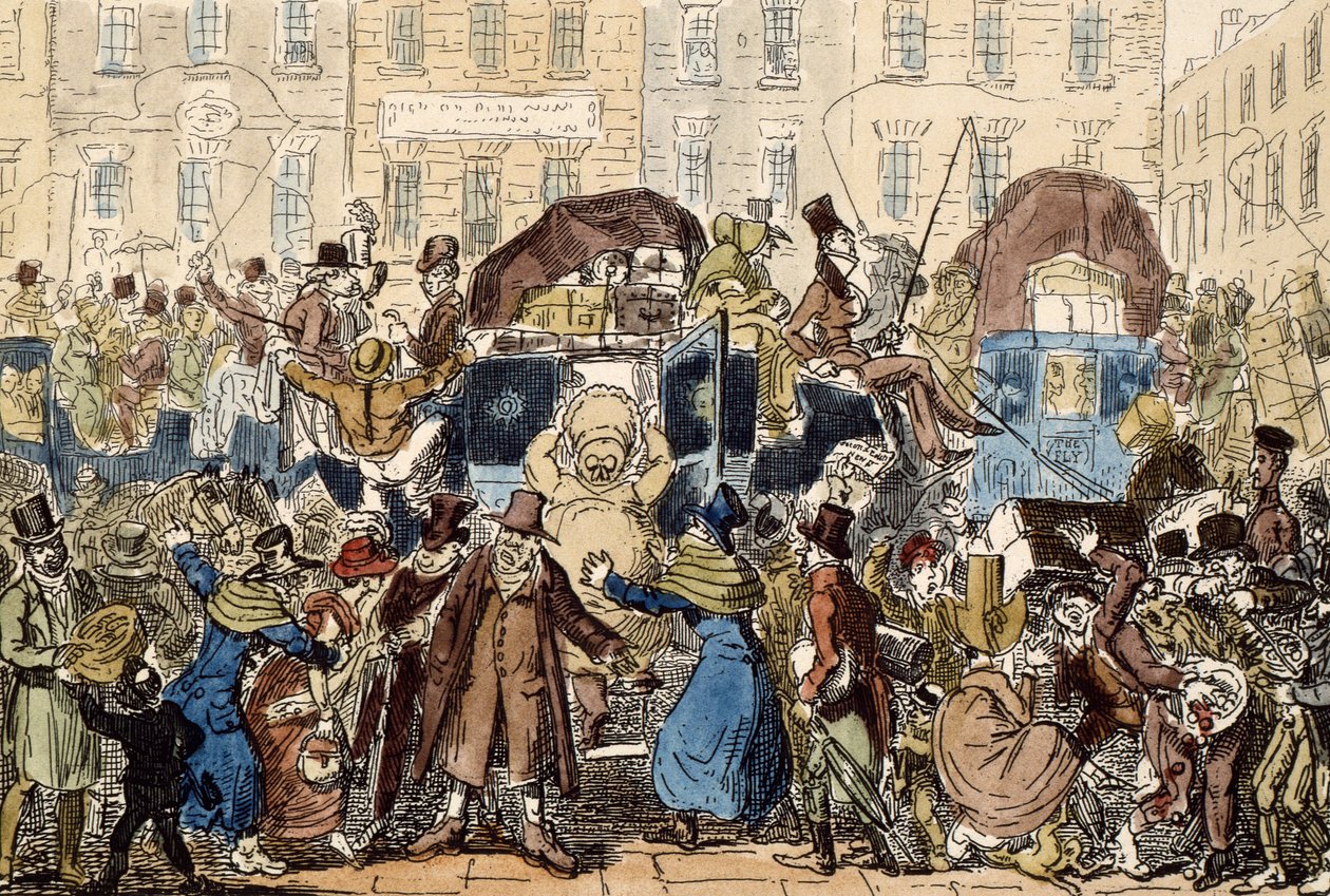 Viajando na Inglaterra, ou um Peep da White Horse Adega, 1819 (gravura à mão colorida) de George Cruikshank