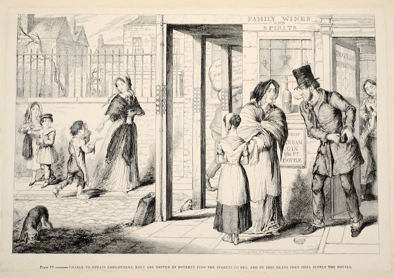 Incapazes de obter emprego, eles são levados pela pobreza para as ruas para implorar, e por esse meio eles ainda fornecem a garrafa. Placa IV do pub "The Bêbado&39;s Chlldren". 1848 (gravura do bw) de George Cruikshank