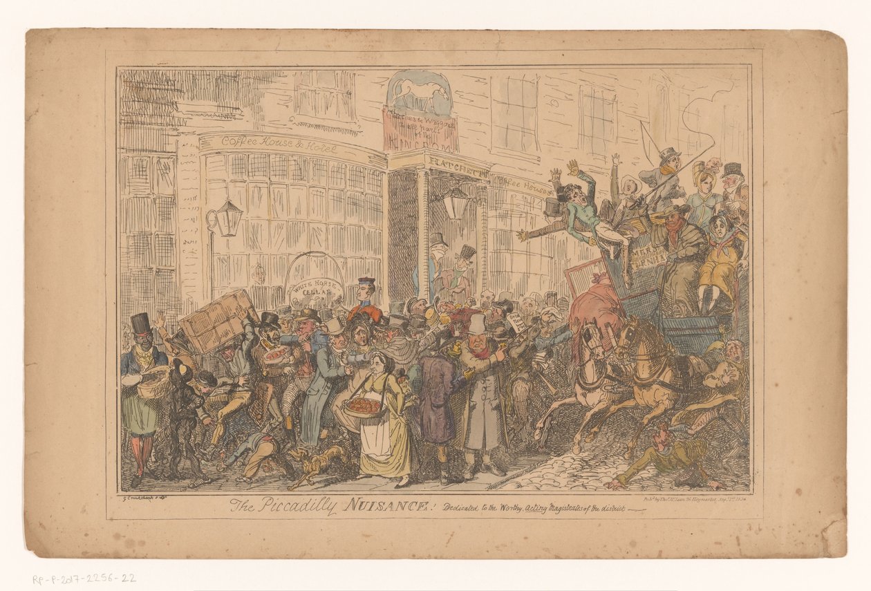 Verkeerschaos enteriten het hotel Old White Horse Cellar in Piccadilly
O Perturbador Piccadilly! Dedicado aos dignos magistrados em exercício do distrito (título sobre o objecto) de George Cruikshank