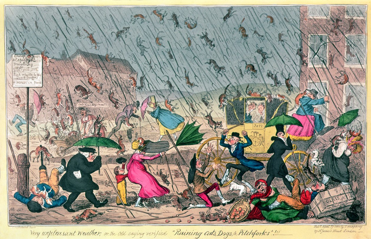 O tempo muito desagradável, ou o provérbio velho verific chovendo gatos, cães e Pitchforks !, bar. por G. Humphrey, 1820 de George Cruikshank