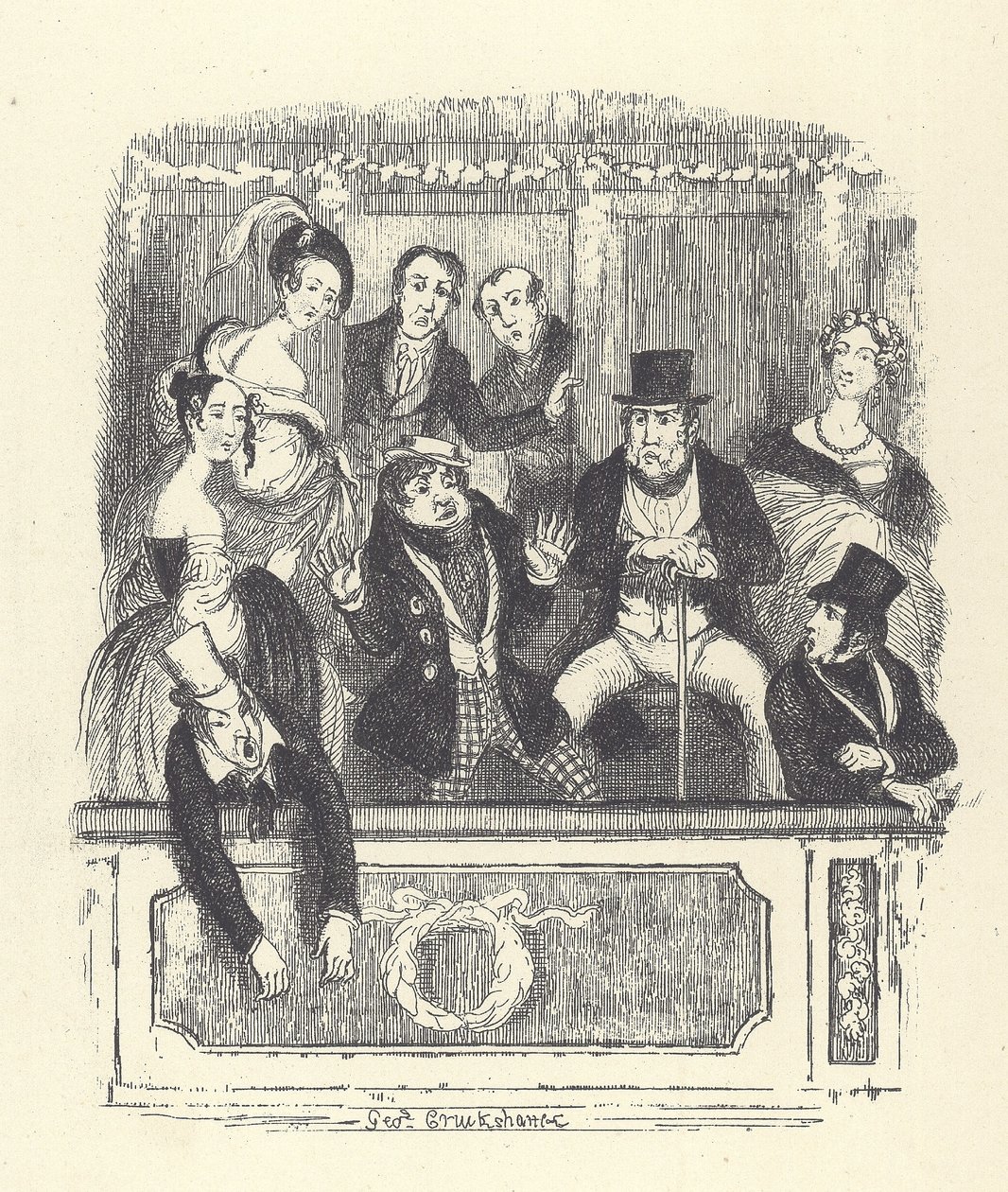 Público do teatro vitoriano se aglomera em uma caixa em um teatro londrino (gravação) de George Cruikshank