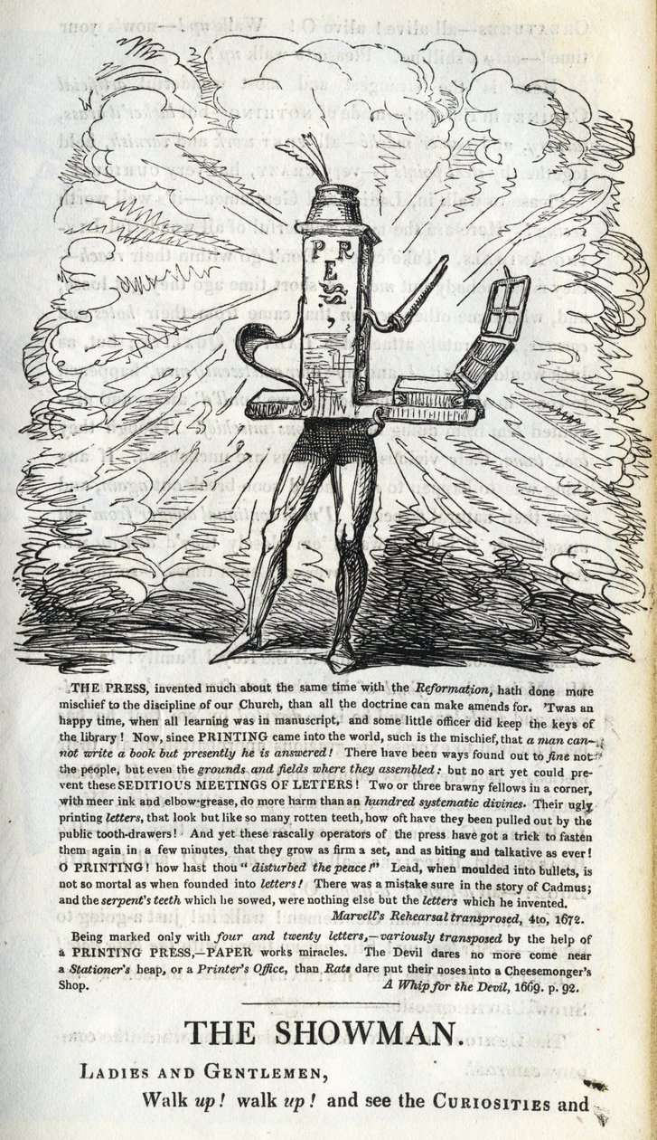 Vitória da Imprensa para as liberdades do povo, ilustração de &39;The Political Showman - em casa!&39; por William Hone, publicado em 1821 de George Cruikshank