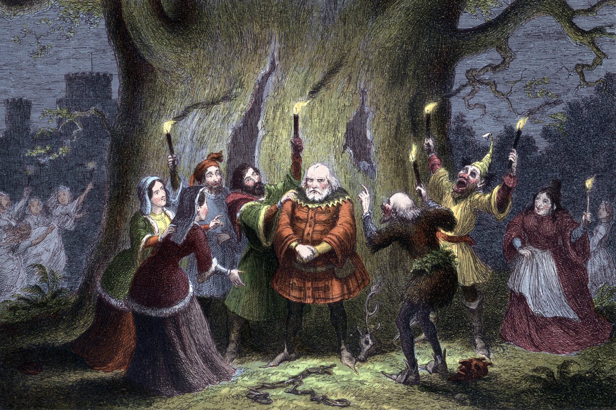 William Shakespeare The Merry Wives of Windsor, peça interpretada pela primeira vez em 1597 ou 1600. Falstaff, tendo mantido a sua suposta nomeação em Windsor Forest Mistress Ford como Herne the Hunter e tendo sido beliscado e esmurrado por 