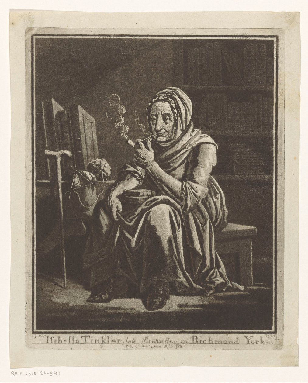 Retrato da livreira Isabella Tinkler de Richmond aos 92 anos
Isabella Tinkler, falecida Livraria, em Richmond Yorks (título sobre o objecto) de George Cuitt (I)