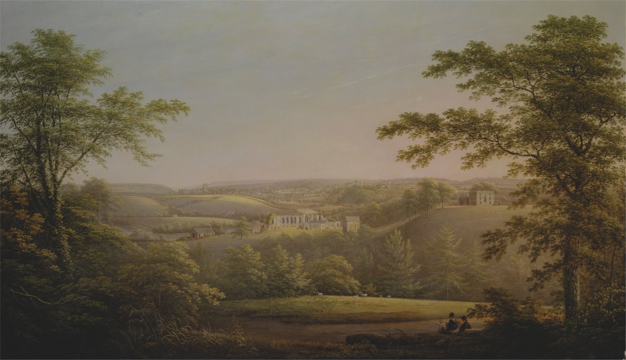 Easby Hall e Easby Abbey com Richmond, Yorkshire no fundo de George Cuitt