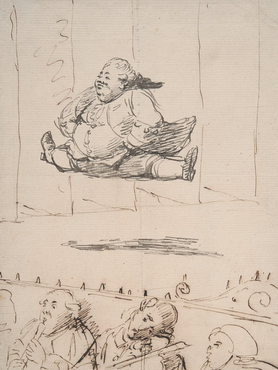 Um homem fazendo o Splits, c.1760-90 (caneta e tinta marrom e cinza no papel) de George Dance