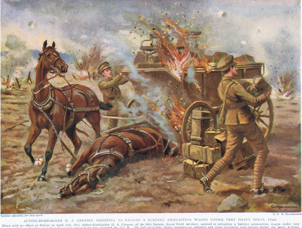 Atuando Bombardier HA Creasey ajudando a descarregar um vagão de munição sob fogo muito pesado, ilustração de &39;Deeds that Thrill the Empire&39;, publicado por Hutchinson und Co., c.1920 (colou de George Derville Rowlandson