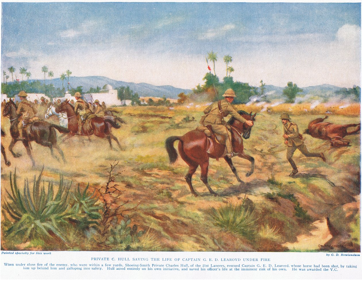Private C. Hull salvando a vida do Capitão GED Learoyd, sob fogo, ilustração de "Deeds tha Thrill the Empire", publicado por Hutchinson und Co., c.1920 de George Derville Rowlandson