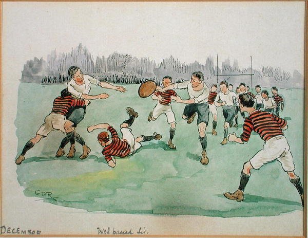 O Mês de Dezembro: Rugby (caneta e tinta e aguarela sobre papel) de George Derville Rowlandson