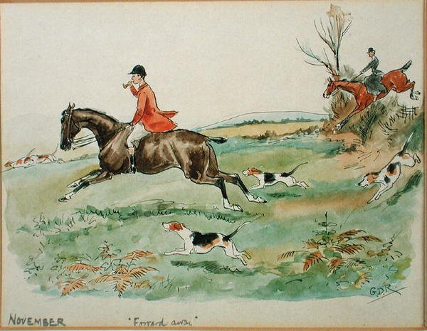 O Mês de Novembro: Caça (caneta e tinta e aguarela sobre papel) de George Derville Rowlandson
