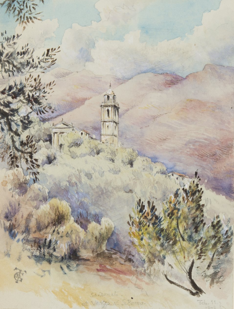 Igreja de San Donato, Varezzo, perto de San Remo, 11 de fevereiro de 1878 (wc no papel) de George Douglas Tinling