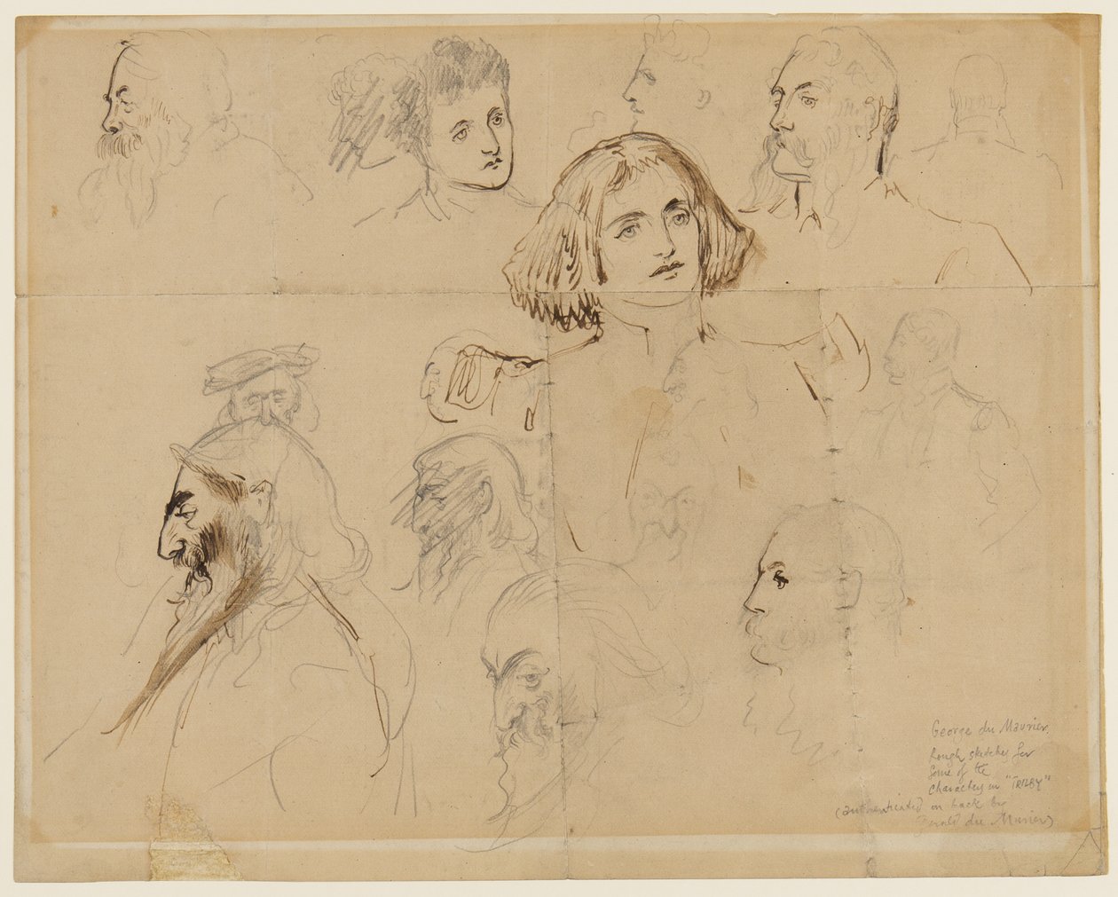 Esboço aproximado para alguns dos personagens de Trilby, incluindo Trilby e Svengali (lápis, caneta e tinta no papel) de George du Maurier