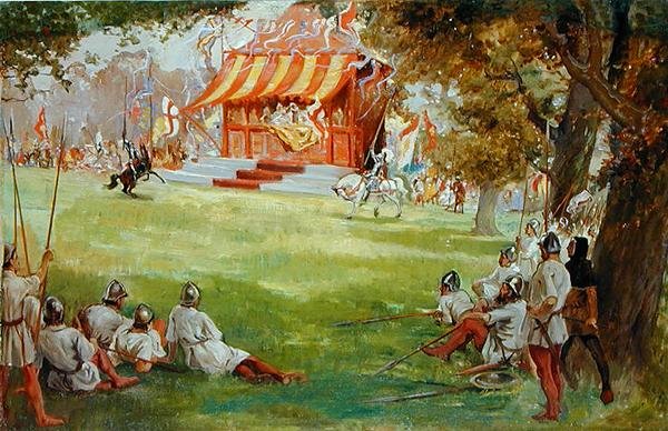 Um Torneio de Jousting, de Sir Nigel e a Companhia Branca, de Sir Arthur Conan Doyles (1859-1930) (óleo sobre tela colocado a bordo) (ver também 140868) de George Edmund Butler
