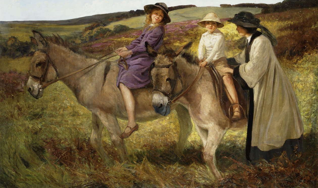 Duas crianças cavalgando burros à beira de um pântano de George Edmund Butler