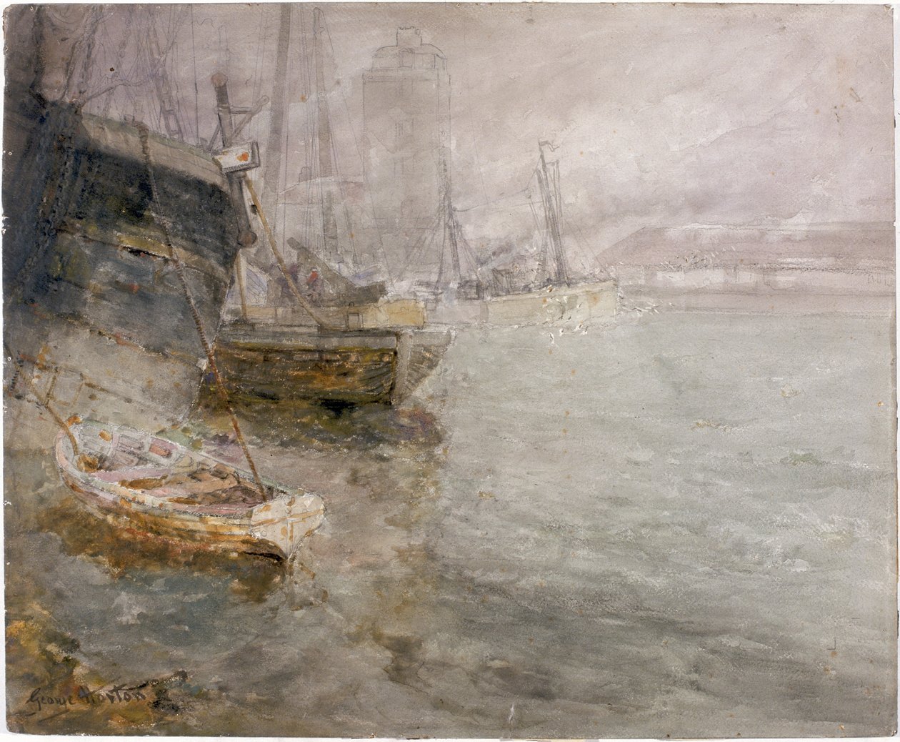 North Shields Fish Quay (carvão, lápis e aquarela a bordo) de George Edward Horton